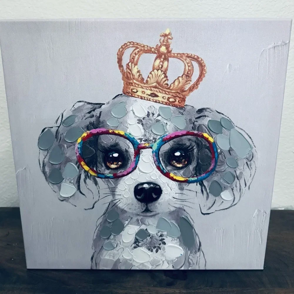 Princess Dog Portrait Rainbow Glasses & Crown Canvas Painting Wall Art Decor